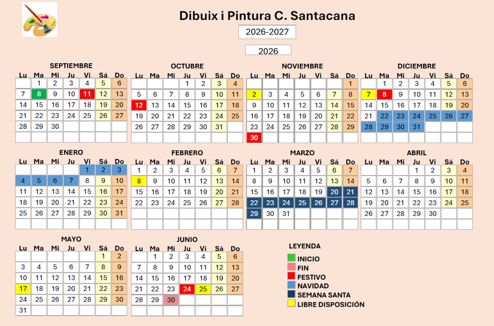 Calendario lectivo 2026-2027 de Dibuix i Pintura C. Santacana